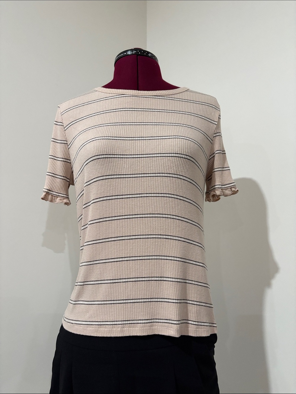 Ruffled Short-Sleeve Striped Tee in Light Pink